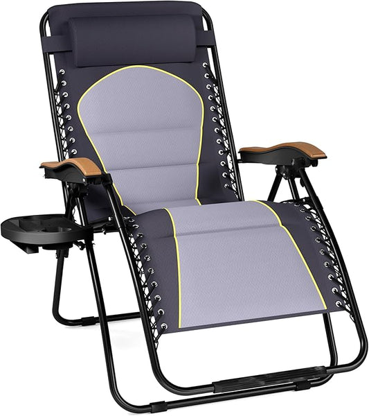 PHI VILLA XXL Oversized Padded Zero Gravity Chair, Foldable Patio Recliner, 30" Wide Seat Anti Gravity Lounger with Cup Holder, Support 400 LBS (Gray Accent)