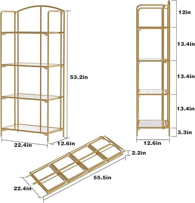 Crofy No Assembly Folding Bookshelf for Living Room, 4 Tier Gold Collapsible Book Shelf for Home Office, Portable Bookcase Storage Organizer