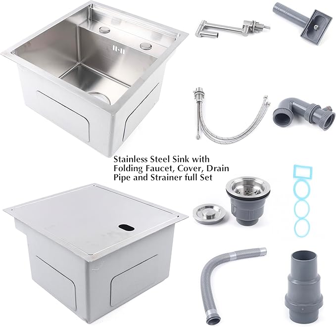 15-inch Hidden RV Bar Kitchen Sink with Folding Faucet, Cover, Drain Pipe and Strainer Full Set, Small Stainless Steel Sink for Workstation, RV, Prep Kitchen and Bar(Silver)