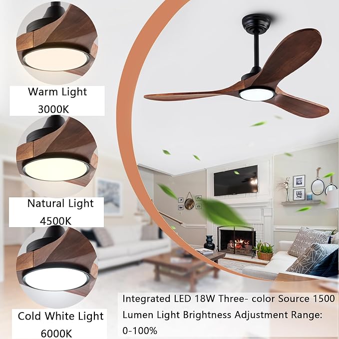 42”Ceiling Fans with Light and Remote Control, Lighted Wooden Ceiling Fan Noiseless Reversible DC Motor with 3 Blades for Farmhouse, Living Room, Office, Indoor Outdoor (Black + Walnut)