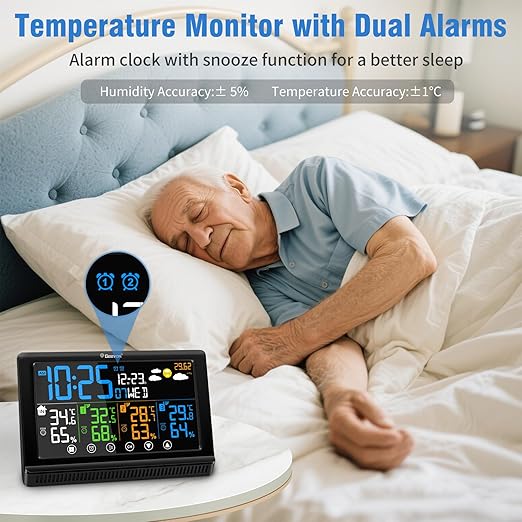 Geevon Weather Stations Wireless Indoor Outdoor, Digital Color Display Thermometer Hygrometer with 3 Sensors, AC Adaptor and Adjustable Backlight, Temperature Humidity Monitor for Home Office Bedroom