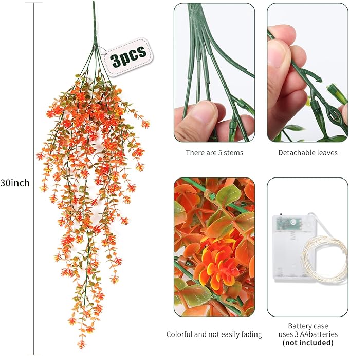 Fall Artificial Flowers - Faux Hanging Plants with Lights for Thanksgiving Indoor/Outdoor Wedding & Garden Party (Salmon)