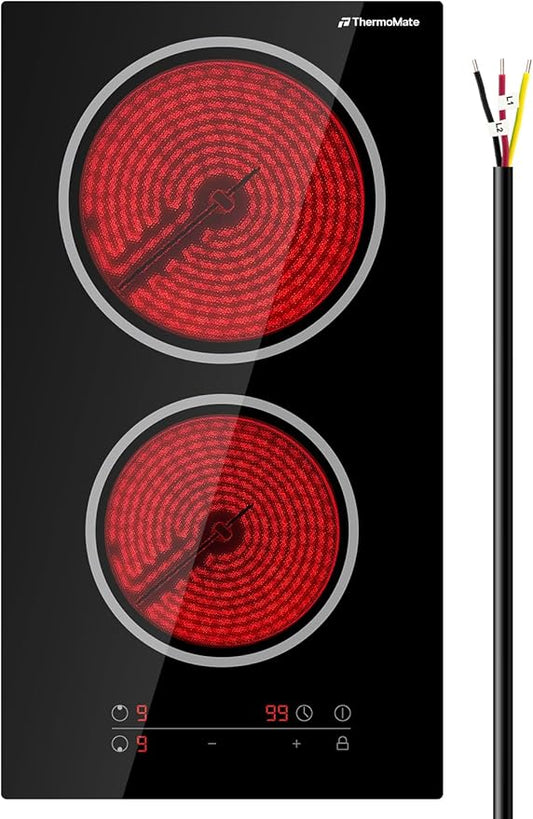 ThermoMate 2 Burners Electric Cooktop, 12 Inch Built in Electric Radiant Stove Top, 3200W Ceramic Glass Cooktop with Sensor Touch Control, 9 Heating Level, Chlid Lock & Timer, 220-240V Hard Wire