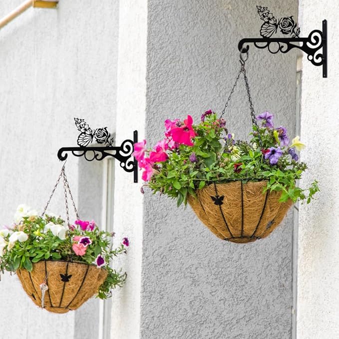 hogardeck Plant Hangers Outdoor Decor, 2 PCS 10??Metal Hanging Plant Bracket with Buttterfly and Flower for Garden Patio Yard Decor, Plant Hooks for Hanging Plants, Bird Feeder, Wind Chime, Lantern