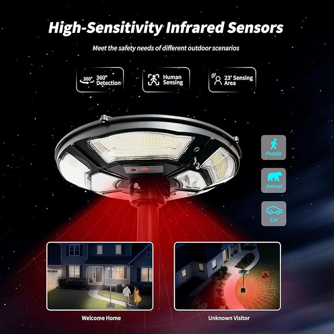 Outdoor Lamp Post Light with Motion Sensor, Solar Powered, IP65 Waterproof, Dusk to Dawn, 750-LED Pole Light Fixture with Remote and DC Port for Indoor Outdoor Lighting(Includes Plug)