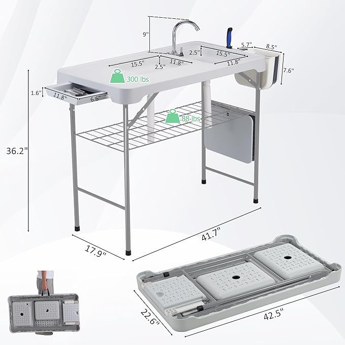 AHB 42'' Outdoor Fish Cleaning Table Portable Camping Sink Station with Double Sinks, Collapsible Swivel Faucet, Picnic Sink Table with 6pc Fish Cleaning Kit for Picnic Beach Patio