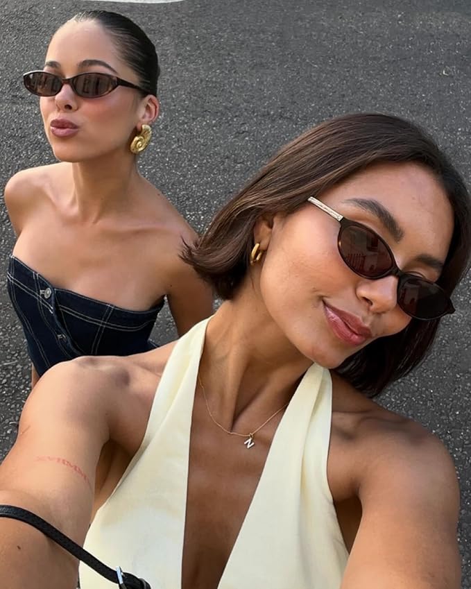 Retro Oval Sunglasses for Women Chic Cat Eye 90s Sunnies Lightweight Narrow Shades Trendy UV protection Sun Glasses