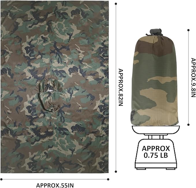 GRVCN Military Rain Poncho, Camouflage Raincoat Outdoor Waterproof Lightweight