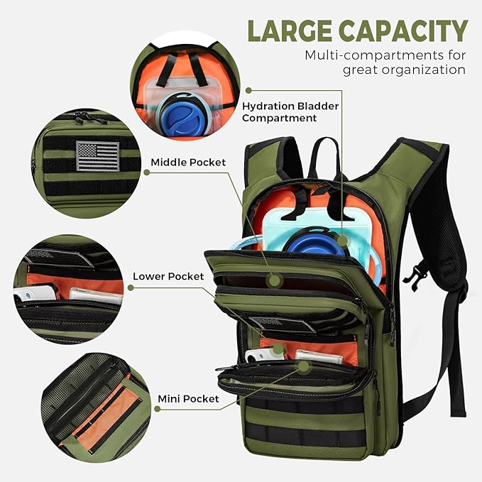 Tactical Hydration Backpack with 2L Water Bladder and Front Small Tactical Pouch, Outdoor Water Backpack for Men Women, Sports Hydration Pack for Hiking, Cycling, Climbing