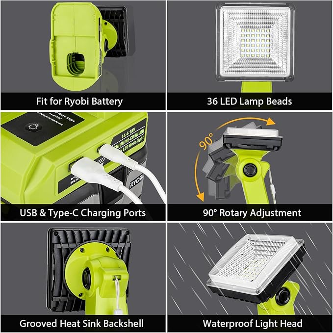 25W 2000LM Cordless LED Work Light Compatible with Ryobi One 18V Battery Portable Flood Lights for Outdoor Indoor Workshop Job Site, LED Floodlight with Pivoting Head/USB Port(No Battery)