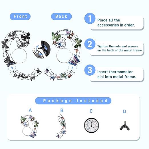Butterfly Outdoor Thermometer, Metal Outdoor Wall Thermometer No Need Battery, Indoor Outdoor Thermometer Large Wall Art Decor for Patio, Garden, Living Room