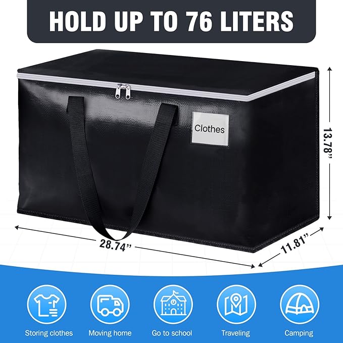BlissTotes Moving Bags, Heavy Duty Moving Boxes with Zippers Top and Sturdy Handles, Storage Bags for Space Saving and Packing, Collapsible Moving Supplies, Storage Totes (76L, 6-Pack, Black)