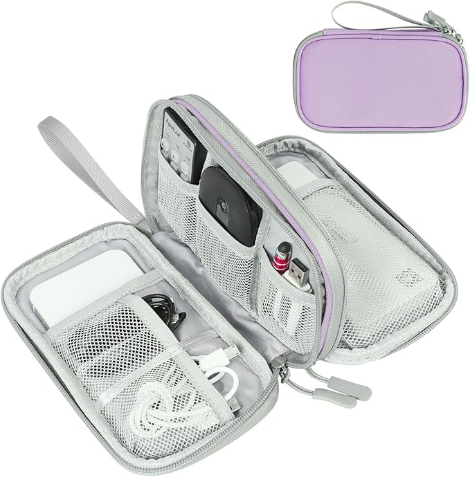 FYY Electronic Organizer, Travel Cable Organizer Bag Pouch Electronic Accessories Carry Case Portable Waterproof Double Layers Storage Bag for Cable, Charger, Phone, Medium Size- Light Purple