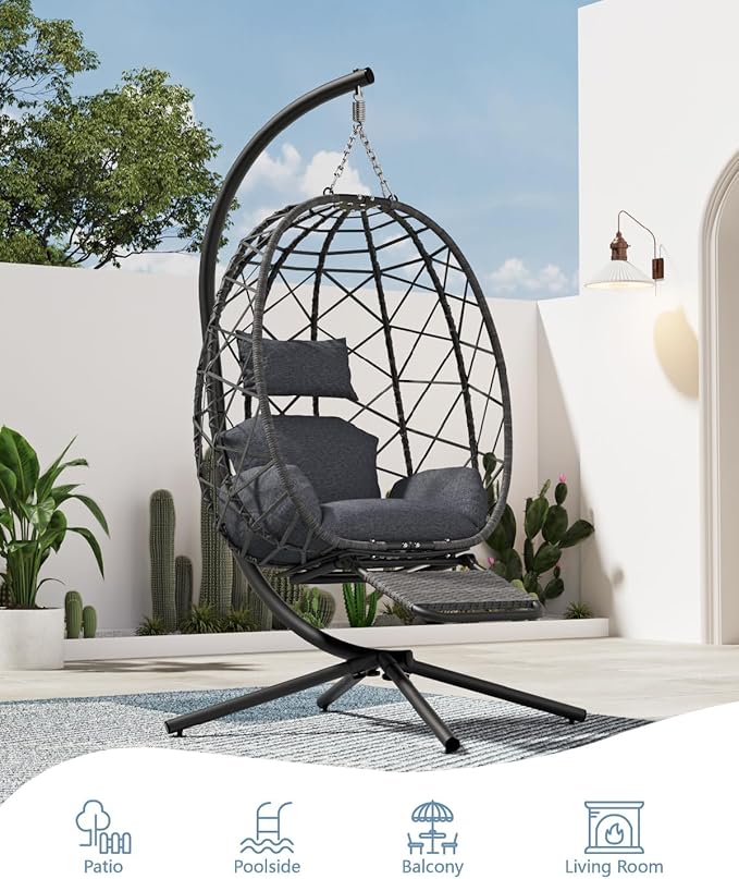 SWITTE Hanging Egg Chair with Stand, Outdoor Swing Egg Chair with Footrest, Patio Hammock Chair with Cushion for Garden Backyard-Dark Grey