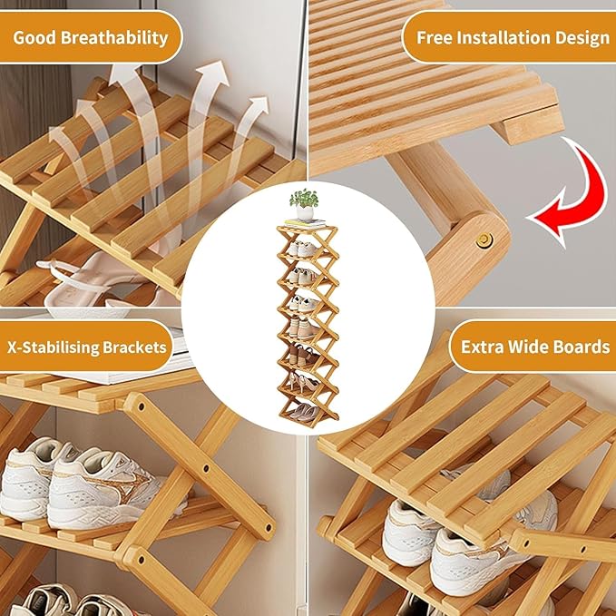 YYW Bamboo Shoe Rack for Entryway,Installation-Free and Foldable Vertical Shoe Storage Organizer,Free Standing Shoe Racks Shelf Closet Shoe Organizer for Living Room (Tawny-2 Layers)