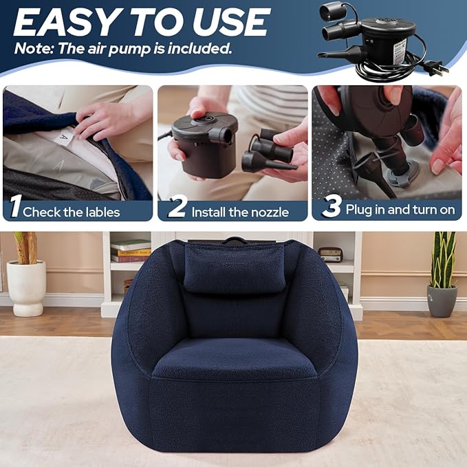 HABUTWAY Inflatable Bean Bag Chairs for Adult Blow up Chair Portable Inflatable Bean Bag Couch w/Electric Air Pump,Handle & Side Pocket for Movie Night Reading Gaming Living Room - Navy Blue