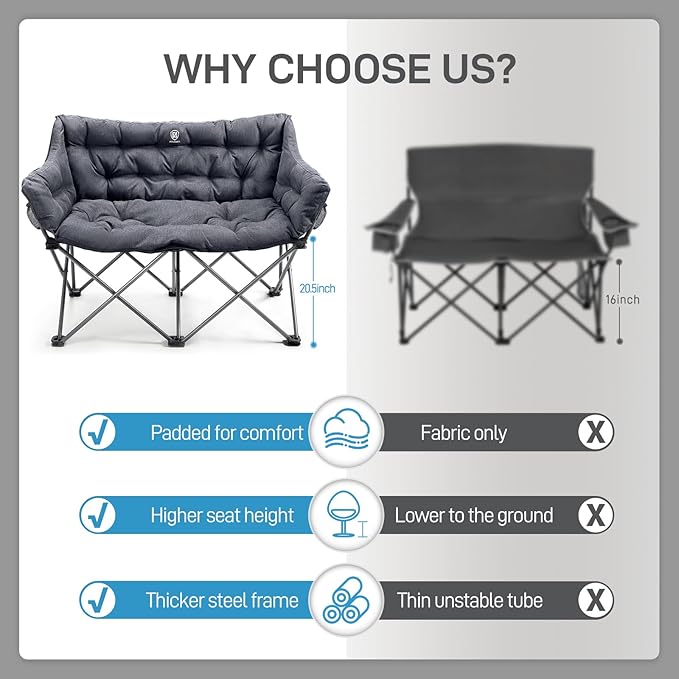 EVER ADVANCED Double Camping Chair for Adults, Padded Folding Camping Love Seat Bench with Side Pocket Portable Camping Couch, Two Person Heavy Duty Folding Outdoor Chair with Cushion,Support 600lbs