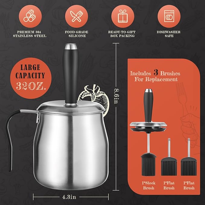 32 Ounce BBQ Basting Pot with 3 Replaceable Brushes，Grilling Gifts for Men&Dad，Stainless Steel 304 Barbecue Sauce Pot Brush Set，Airtight Melting Pot Sauce Container for Grill，Kitchen，Camping