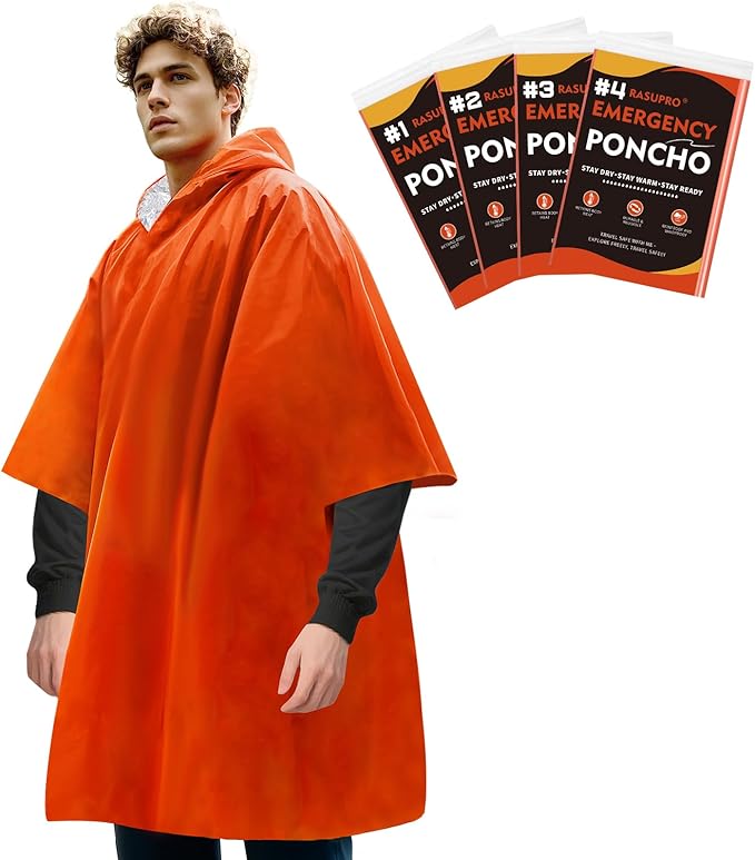 4 Pack Emergency Ponchos with Thickened Mylar Blanket Lining, Windproof, Waterproof, and Thermal Orange Survival Ponchos - Perfect for Outdoor Rescue, Family Camping Gear, Car Emergency Kits
