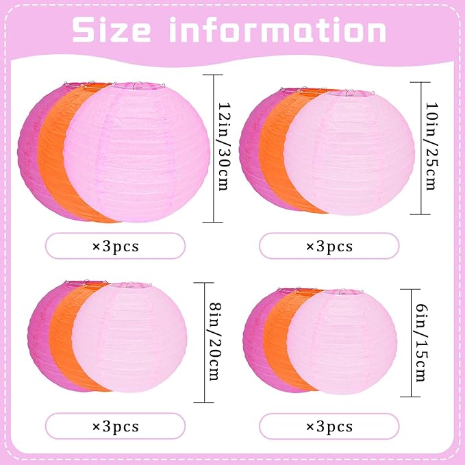 12Pcs Round Paper Lanterns Assorted Sizes (6" 8" 10" 12") for Home Decor, Restaurant, Church, Wedding, Birthday Party Decorations, Hanging Chinese Japanese Paper Lantern Lamps (3 Colors)