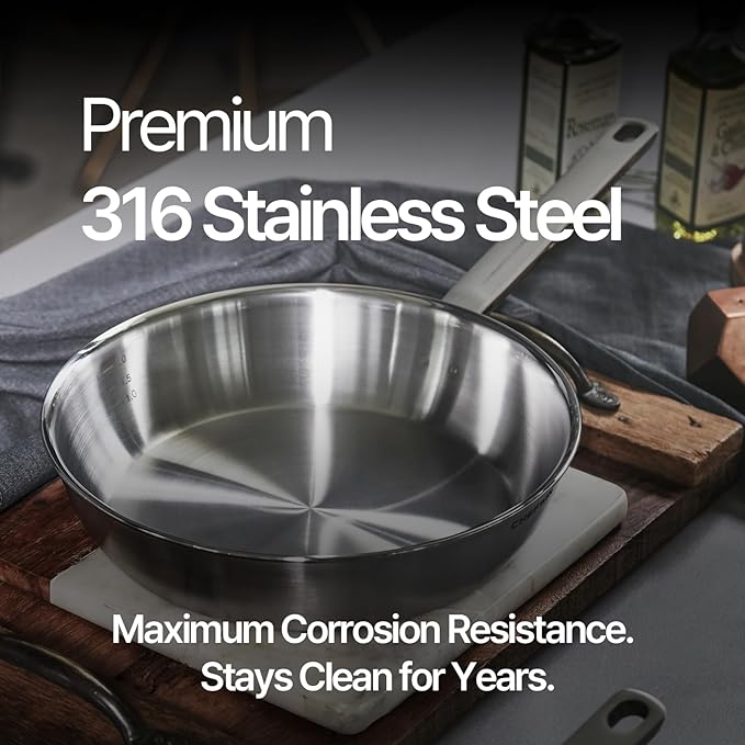 10.2-Inch 316 Stainless Steel Frying Pan, 5-Ply Saute pan, Deep Skillet, Induction Cookware, Dishwasher Safe & Oven Safe, Professional Cookware