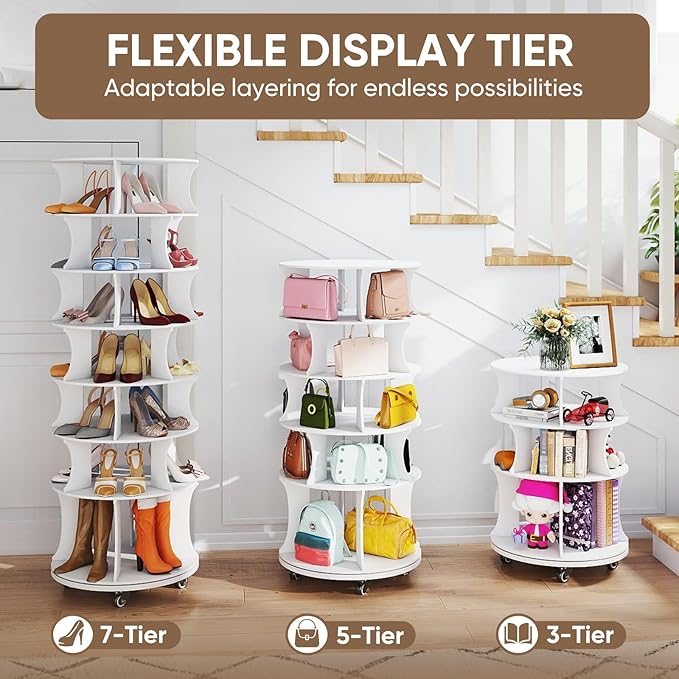 71" Rotating Shoe Rack with Lockable Wheels, 7-Tier Spinning Vertical Shoe Tower with Under-seat Boot Storage Space-Saving Free Standing Shoe Carouse Organizer for Closet Entryway Bedroom (71")