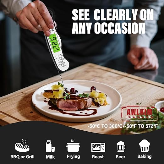 AWLKIM® Meat Thermometer Digital - Fast Instant Read Food Thermometer for Cooking, Candy Making, Outside Grill, IP67 Waterproof Kitchen Thermometer with Backlight, Stocking Stuffers for Men - Black