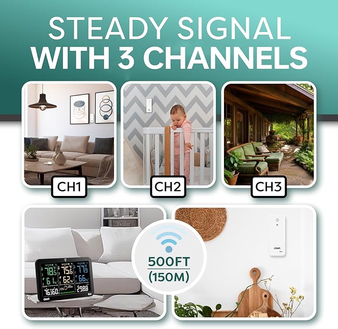 OBET Weather Station Wireless Indoor Outdoor Thermometer with 3 Sensors, Temperature Humidity Monitor with Alerts 500ft Range and 3 Adjustable Brightness