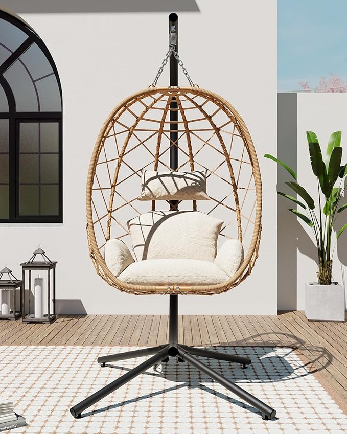 SWITTE Egg Swing Chair with Stand, Outdoor Patio Hanging Egg Chair, Indoor Hammock Chair with Cushion for Garden Backyard, 350LBS Capacity-Beige