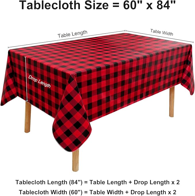 misaya Rectangle Waterproof Vinyl Table Cloth, Buffalo Flannel Backed Tablecloth, Wipeable Plastic Table Cover for Dinner, Kitchen, Picnic (60" x 84", Red and Black)