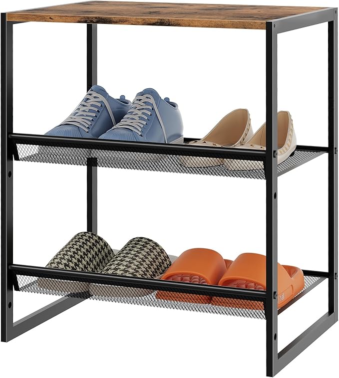 Garden 4 you 3 Tiers Narrow Shoe Rack,Small Space Freestanding Shoe Storage Organizer with Brown Wooden Tabletop,Adjustable Metal Shelf Stackable Shoe Shelf for Entryway Hallway Living Room Closet