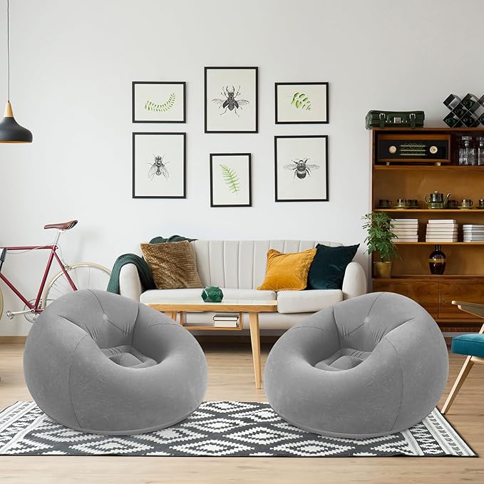 Realspring Inflatable Bean Bag Chairs Outdoor Blow up Camping Chairs Inflatable Lazy Sofa Folding Portable Bean Bag Loungers Couch for Movie Night(Dark Gray,2 Pcs)