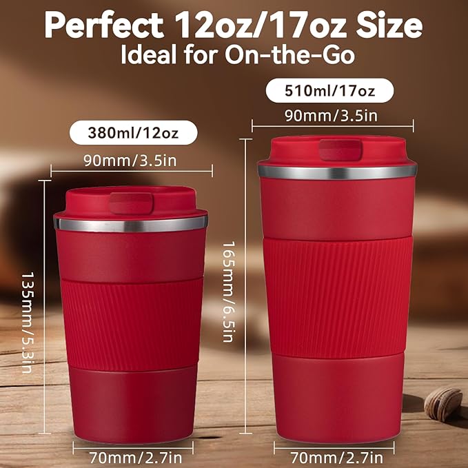 12OZ Travel Coffee Mug Insulated Coffee Cup with Spill Leak Proof Lid, Portable Stainless Steel Tumbler Reusable Hot and Cold Water Mug for Car, Daily, Camping- Red