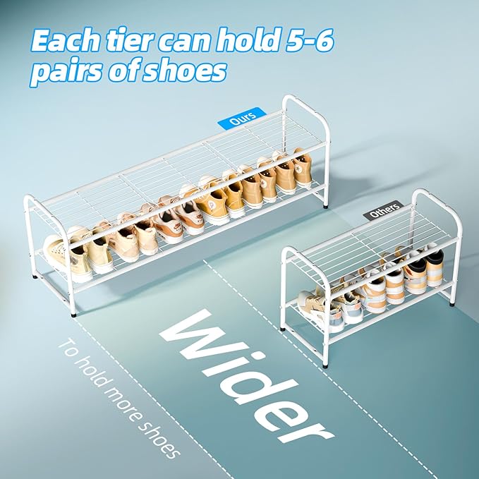 2 Tier Shoe Rack for Closet, 44 Inch Extra Long Shoe Storage Organizer for Shelves, Heavy Duty Metal, Easy Assembly, White