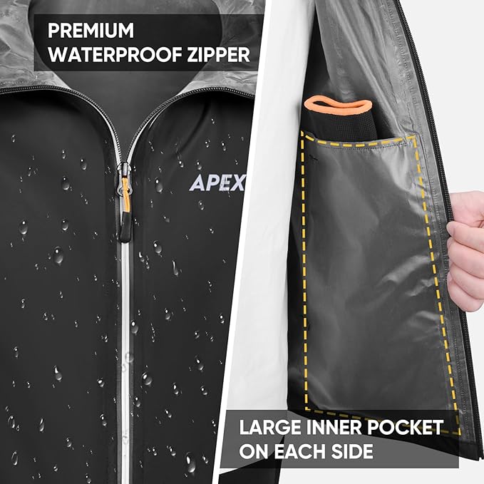 APEXUP Packable Rain Jacket Men with Reflective Zipper, Lightweight Waterproof Raincoat, Mens Rain Jacket for Outdoor Sports