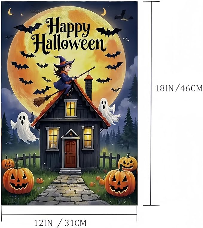 Happy Halloween Garden Flag 12X18Inch Double Side,Witch Yard flag for Outdoor,Pumpkin Small Garden Flag Decorative,Outside House Flag for Holiday Patio Courtyard Lawn