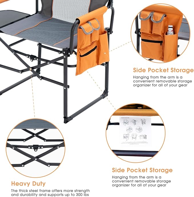 Wide Folding Director Chair with Table, Outdoor Camping Chair for Adults with Cup Holder Load 330 Lbs, Portable Lightweight Chair for Outside with Carry Bag for Patio, Orange-1Pack