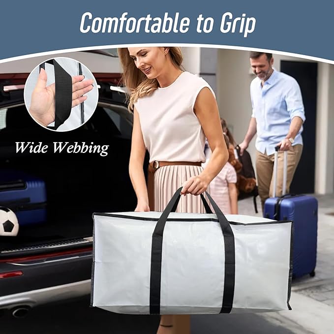 6 Pack Extra Heavy Duty Large Moving Bags with Strong Zipper & Comfortable Handles, Sturdy & Durable Clothes Storage Bags Totes Bins, Packing Moving Boxes for College Supplies, White