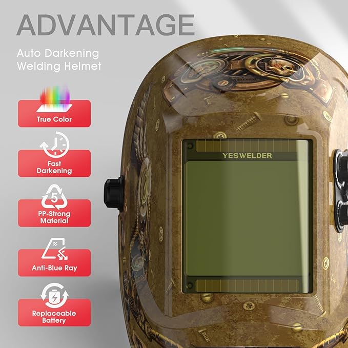 YESWELDER Large View Auto Darkening Welding Helmet, Blue Light Blocking, 1/1/1/1 True Color Solar Powered Welder Hood Mask with 4 Arc Sensors, Wide Shade 3/5-9/9-13 for TIG MIG ARC Cut and Grind