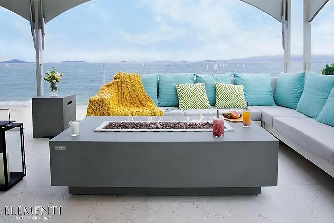 Elementi | Bundle Granville Gas Fire Pit Cast Concrete 60" Rectangular Fire Table, Outdoor Fire Pit Electronic Ignition | Canvas Cover, Lava Rock Included | Light Gray (Natural Gas)