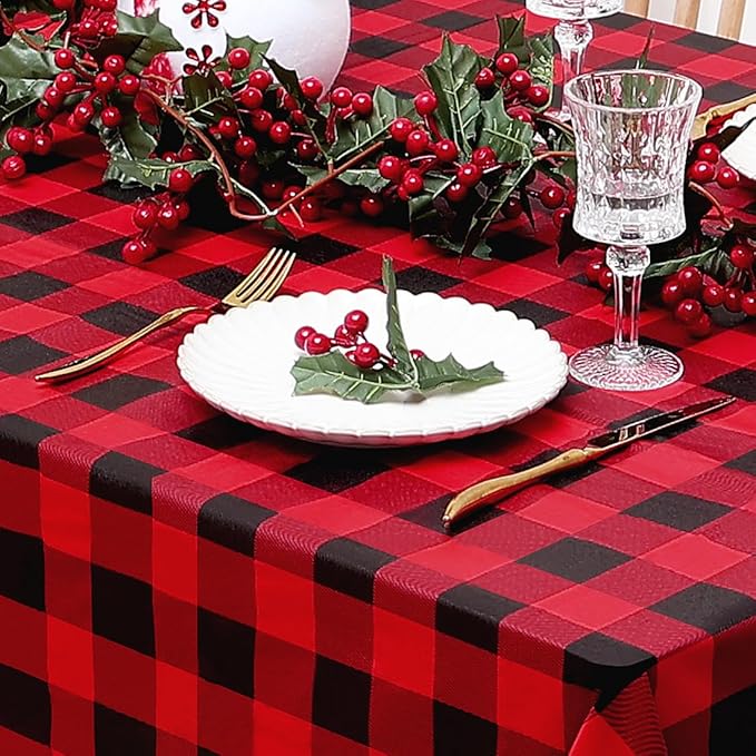 misaya Rectangle Waterproof Vinyl Table Cloth, Buffalo Flannel Backed Tablecloth, Wipeable Plastic Table Cover for Dinner, Kitchen, Picnic (60" x 84", Red and Black)