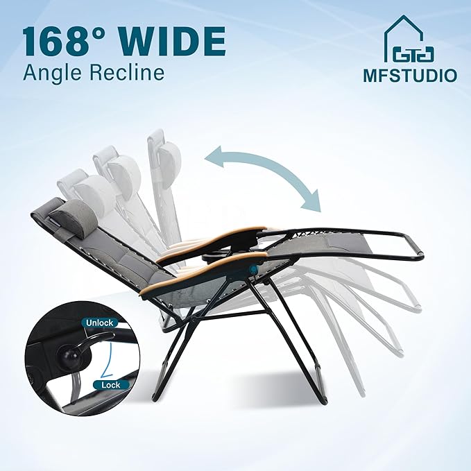 MFSTUDIO Zero Gravity Chairs Set of 2, XL Oversized Outdoor Anti Gravity Chair, Patio Lounge Folding Adjustable Chair with Cup Holder & Padded Headrest, Support 400lbs,Light Grey