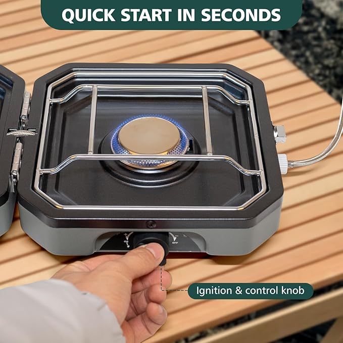 2 Burner Portable Camping Stove with Griddle 17200 BTU Folding Camp Gas Stove Camping Adjustable Burners Piezo Ignition