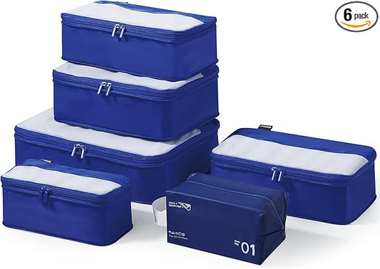 6 Set Compression Packing Cubes for Travel Essentials, Luggage Organizers for Suitcases (Dark Blue)