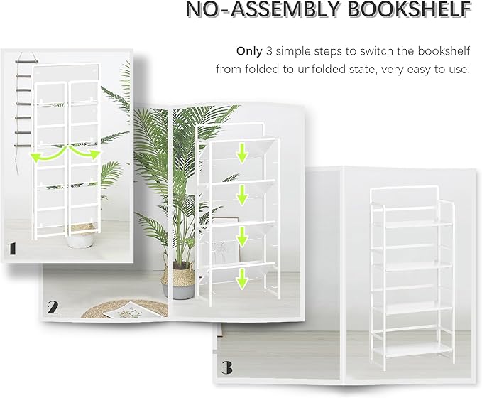 4NM No Assembly Folding Bookshelf, 4-Shelf 54" H Collapsible Foldable Bookcase Storage for Small Spaces, All White