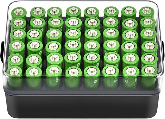 ALCYON Battery Organizer Storage Case, Small Battery Vault Box Container for 48pcs AA Batteries, Plastic Clear Protective Battery Holder for Travelling/Home/Office (Black, Large)