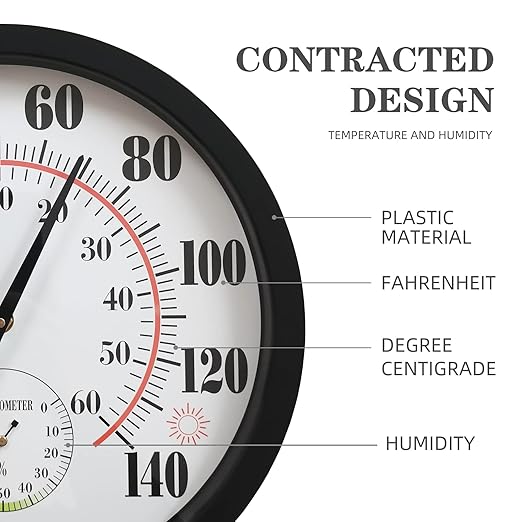 Indoor Outdoor Thermometer Large Numbers 12 Inch Wall Weather Thermometer Hanging Garden Decor Hygrometer No Battery Needed (Black)