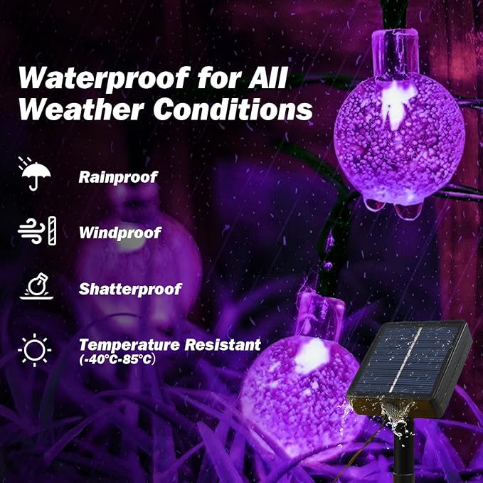 Solar Lights Outdoor Waterproof, 2 Pack Total 200LED 110FT Solar String Lights for Outside with 8 Modes, Outdoor String Lights Crystal Globe Patio Lights for Garden Yard Party Decor(Purple)