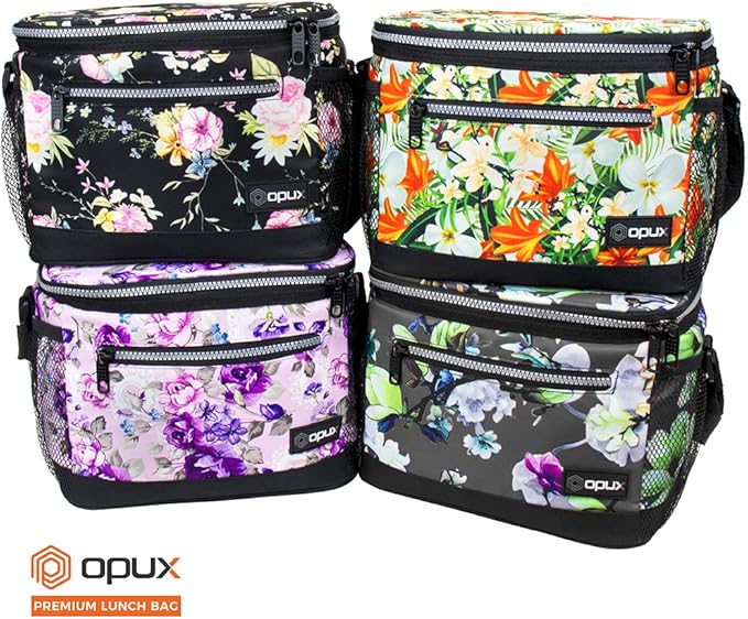 opux Insulated Lunch Box Men Women, Lunch Bag for Work School, Leakproof Soft Cooler Tote Adult, Large Lunch Pail Kids Boys Girls, Picnic Beach Food Bag with Shoulder Strap, Black Floral