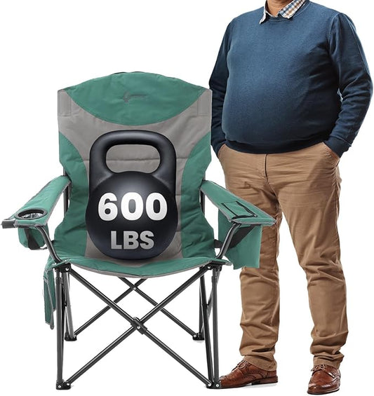 ARROWHEAD OUTDOOR XXL Folding Padded Camping Chair w/Cup & Wine Holder, Armrest Cooler, Support up to 600 lbs, Green
